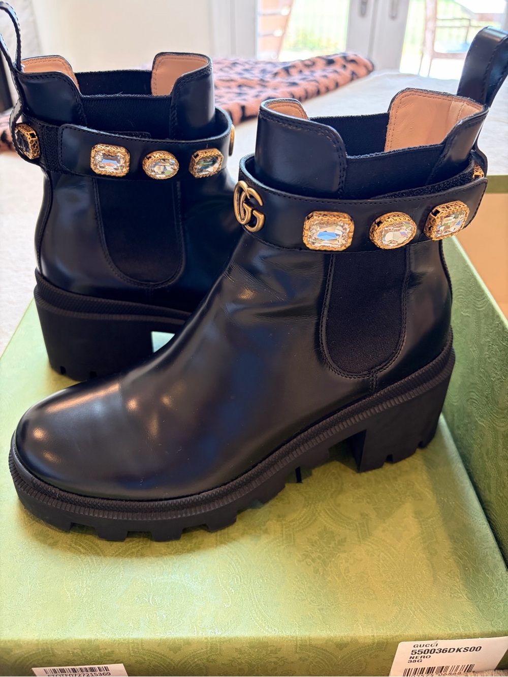 Like new Gucci Black Leather Crystal Strap Lug Ankle Boots